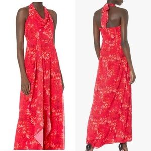 Halston Heritage Poppy Kaleidoscope Print Chiffon Cowl Halter Maxi Dress 6 NWT